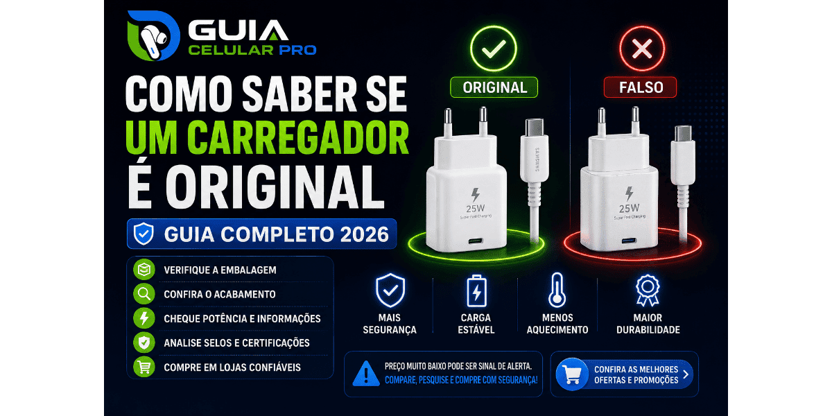 Como saber se um carregador é original comparando embalagem, acabamento, certificações e potência antes da compra