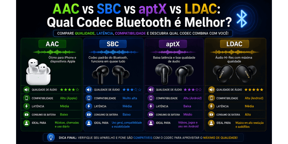 Comparativo entre os codecs Bluetooth AAC, SBC, aptX e LDAC mostrando qualidade de áudio, taxa de bits, compatibilidade e melhor uso em 2026
