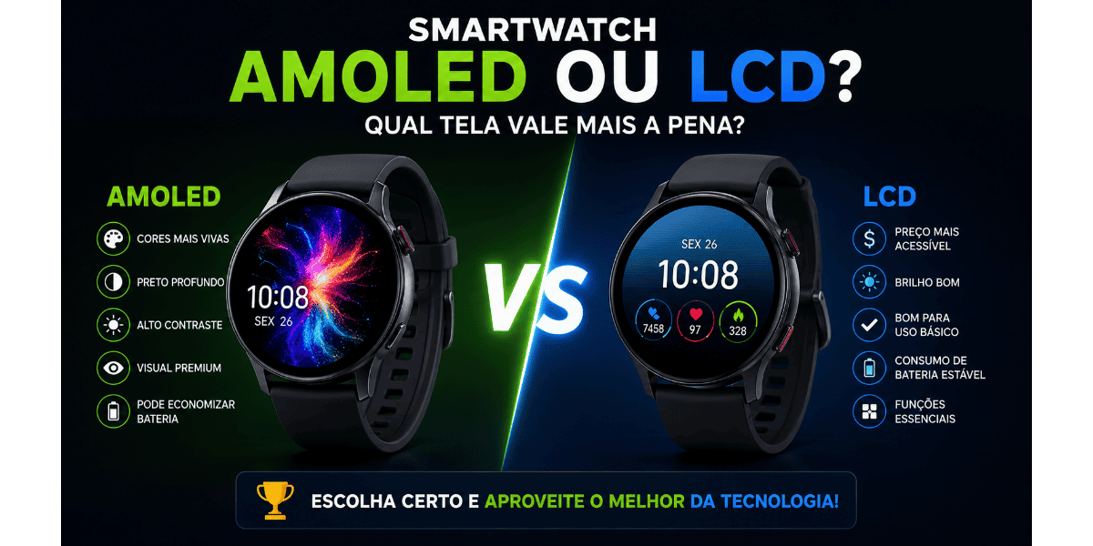 Comparação entre smartwatch com tela AMOLED e LCD mostrando diferenças de cores, contraste, brilho e custo-benefício em 2026